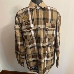 Red Ape Brown/Tan/Gold Plaid LOGO long sleeve shirt, size L